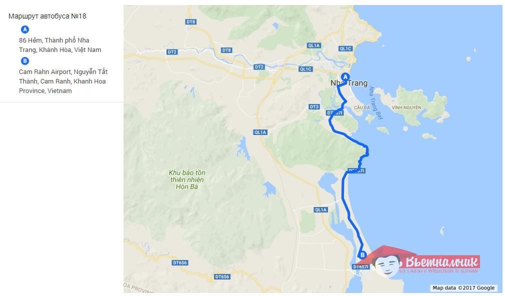 Route of bus number 18 (Nha Trang - Cam Ran Airport)